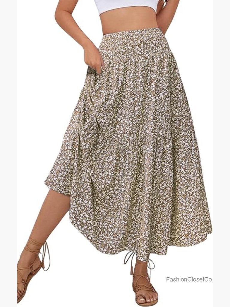 Boho Floral Maxi Skirt Smocked High Waist Pockets Ruffle A-Line Flowly Summer